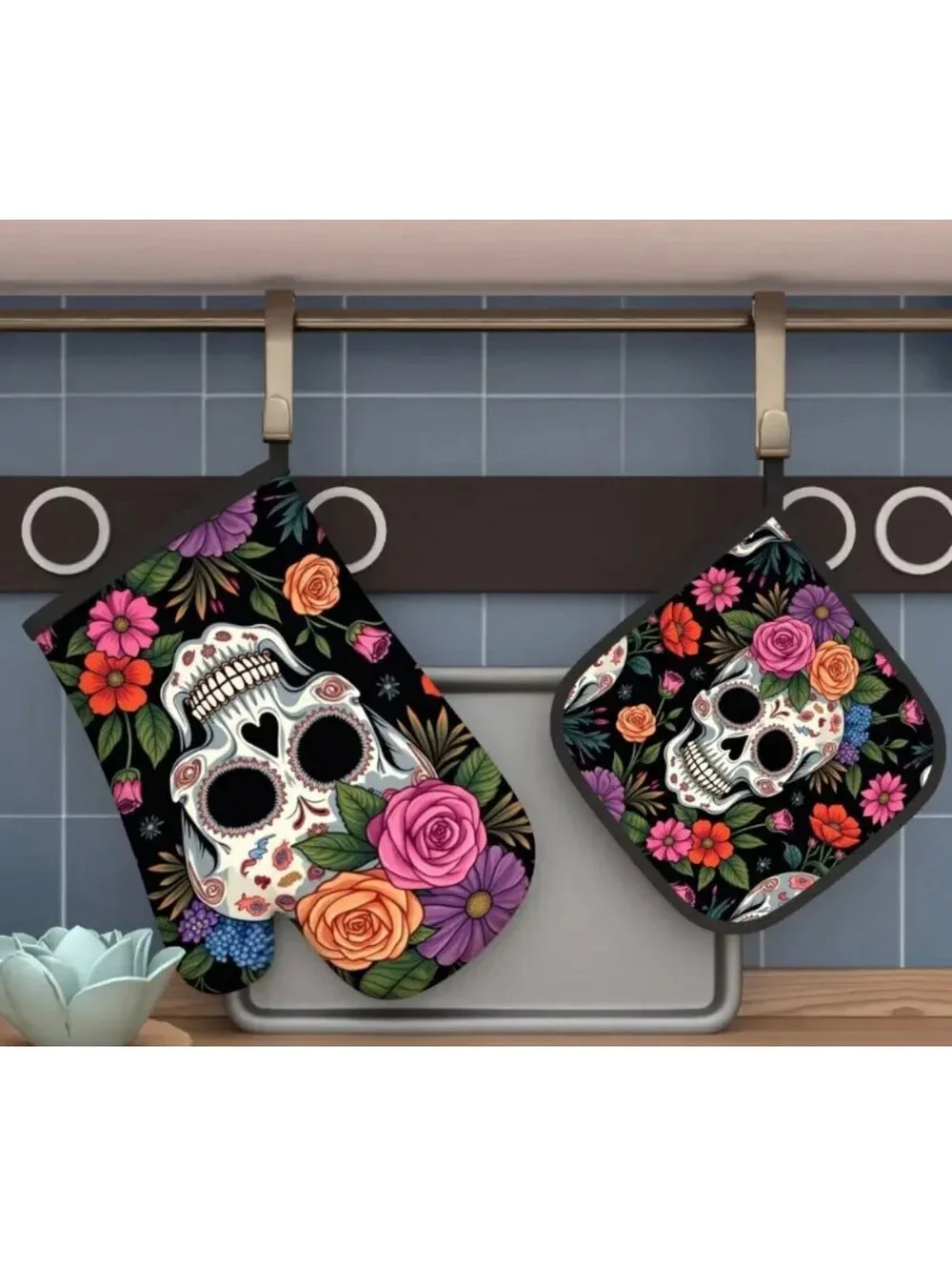 New - 2pcs Floral Skull - Oven Mitts and Pot Holders Set
